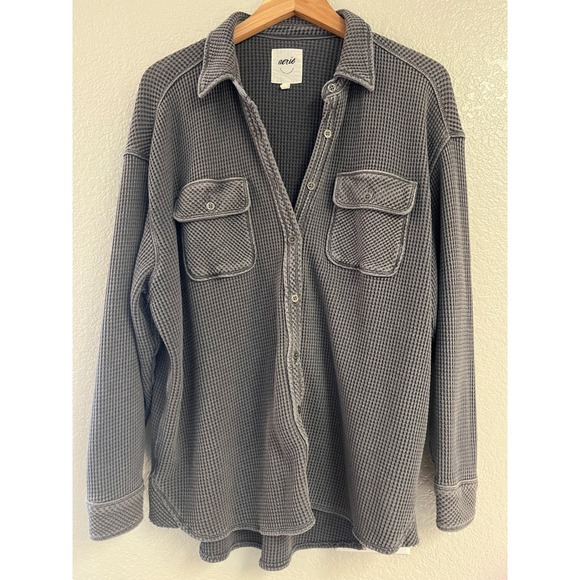 aerie Tops - Aerie Lumberjane Oversized Waffle Knit Button Down Charcoal Gray Shacket Small